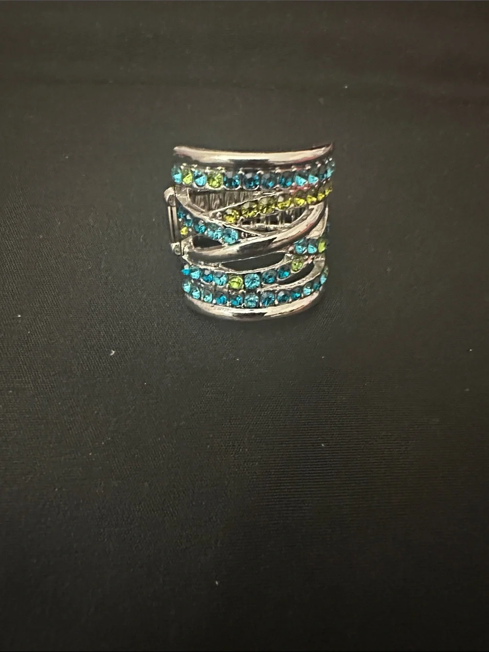 Silver Tone Multi-Row Blue & Green Crystal Statement Ring